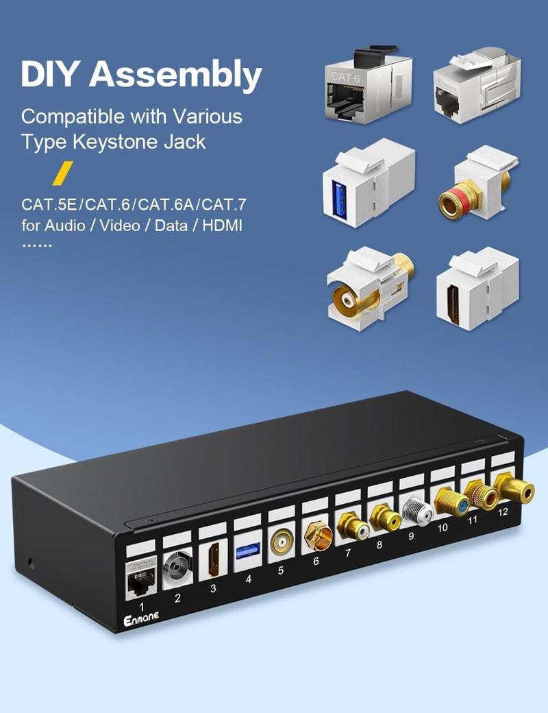 Enmane Patch Panel 12 Port Blank Keystone Patch Panel STP&UTP Compatible with LC/SC/ST/FC/USB/HDMI Keystone Jack for Desk Mount& Wall Mount - Image 5